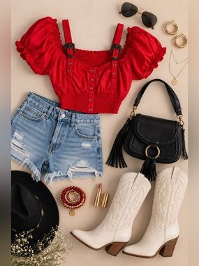 ❤️ Indulge Boutique Red Smocked Puff Sleeve Crop Top ❤️